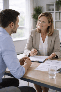 Medewerker bespreekt met HR-manager de mogelijkheden voor vergoeding van loopbaancoaching tijdens een ontwikkelgesprek op kantoor.