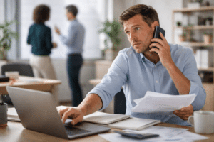 Man op kantoor die meerdere taken tegelijk uitvoert en over zijn schouder naar collega’s kijkt, zichtbaar gespannen en overbelast.