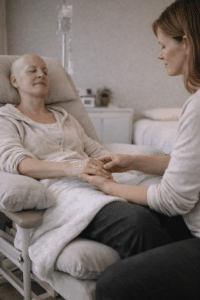 Oncologische massage waarbij een cliënt in een comfortabele stoel een zachte handmassage ontvangt, afgestemd op de situatie tijdens of na chemotherapie.