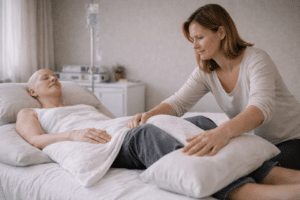 Oncologisch masseur positioneert zorgvuldig kussens rond een cliënt op de behandeltafel om comfort en veiligheid te waarborgen tijdens massage bij kanker.