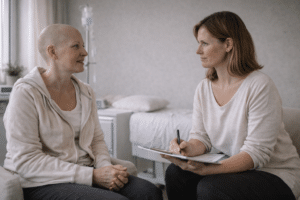 Oncologisch masseur voert een zorgvuldig intakegesprek met een cliënt in een rustige behandelruimte, met aandacht voor veiligheid en medische afstemming.