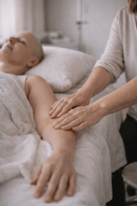 Close-up van oncologische massage waarbij een gespecialiseerd masseur met lichte, rustige aanraking comfort en veiligheid ondersteunt.