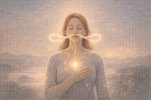 Mindfulness meditatie waarbij een vrouw bewust aanwezig is in het hier en nu met focus op ademhaling en innerlijke rust