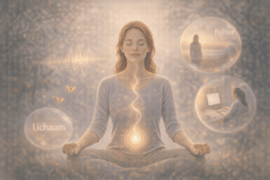 Illustratie van mindfulness waarbij iemand met gesloten ogen aandacht heeft voor ademhaling, lichaam en gedachten in het hier en nu