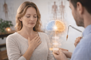 NEI therapie sessie waarbij een therapeut via spiertest onbewuste emotionele blokkades opspoort en integreert