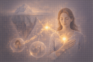 Visualisatie van regressietherapie waarbij emotionele heling plaatsvindt door contact met het onbewuste en het loslaten van oude patronen