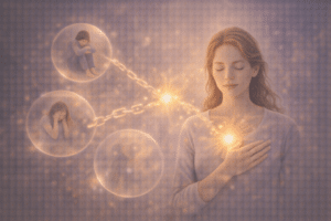 Visualisatie van regressietherapie waarbij onbewuste herinneringen en emoties uit het verleden worden verwerkt