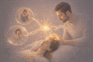 Illustratie van regressietherapie waarbij een therapeut helpt bij het loslaten en verwerken van onbewuste trauma’s uit het verleden