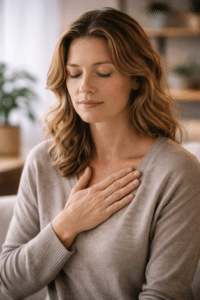 Close-up van een vrouw die met gesloten ogen rustig zit en haar hand op haar borst legt tijdens een reflectief systemisch moment.