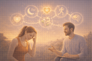 Vitaliteitscoaching waarbij een coach een cliënt begeleidt bij energie, balans en leefstijlverandering.