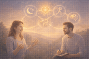 Vitaliteitscoach in gesprek over energie, balans en welzijn tijdens een coaching sessie