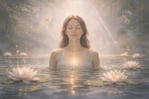 Illustratie van Yoga Nidra waarbij iemand in diepe rust ligt in een staat tussen waken en slapen