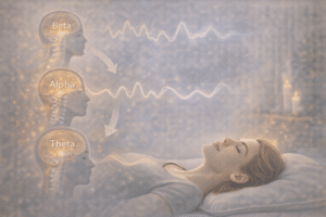 Illustratie van Yoga Nidra waarbij de overgang van beta naar alfa en theta hersengolven wordt weergegeven tijdens diepe ontspanning