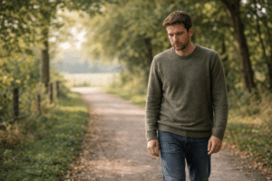 persoon maakt rustige wandeling in de natuur met sombere maar kalme houding, beeld van herstel en kleine stappen bij depressie