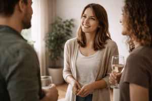 persoon voert ontspannen gesprek in sociale situatie en straalt zelfvertrouwen uit ondanks lichte spanning