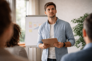 Persoon staat voor een groep om te spreken met lichte spanning maar vastberaden houding, symbool voor handelen ondanks angst binnen ACT therapie.