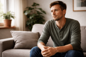 Persoon zit rustig en observeert zijn gedachten zonder stress, ontspannen houding en kalme blik als voorbeeld van acceptatie en minder piekeren.