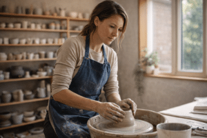 Persoon voert een betekenisvolle activiteit uit met focus en lichte spanning, symbool voor leven naar persoonlijke waarden ondanks angst binnen ACT therapie.