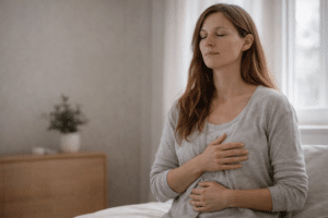 Persoon zit met gesloten ogen en handen op het lichaam, gericht op ademhaling en ontspanning voor herstel en lichaamsbewustzijn