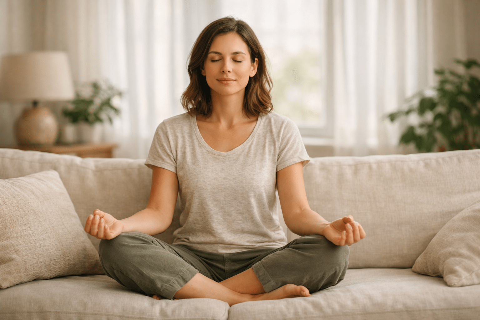 Vrouw die rustig ademhaalt op een bank in een lichte woonkamer als symbool voor angstbehandeling zonder medicatie