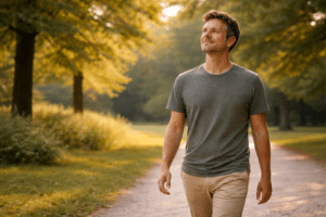 Persoon wandelt ontspannen door groen park na therapiesessie en ervaart rust, emotionele verlichting en hernieuwde balans