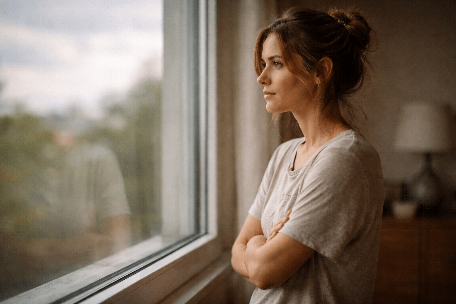 Persoon die overweldigd op de rand van een bed zit als symbool voor de druk om angst te doorstaan