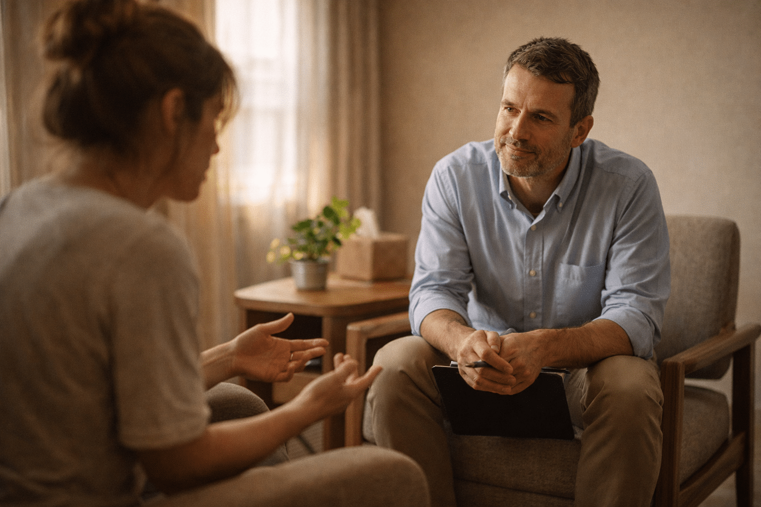 Therapeut en client in een warm verlichte praktijkruimte die samen werken aan angstbehandeling