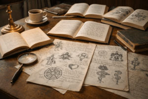 Bureau met psychologieboeken, handgetekende archetypen en mythologische symbolen uit de theorie van Carl Jung.