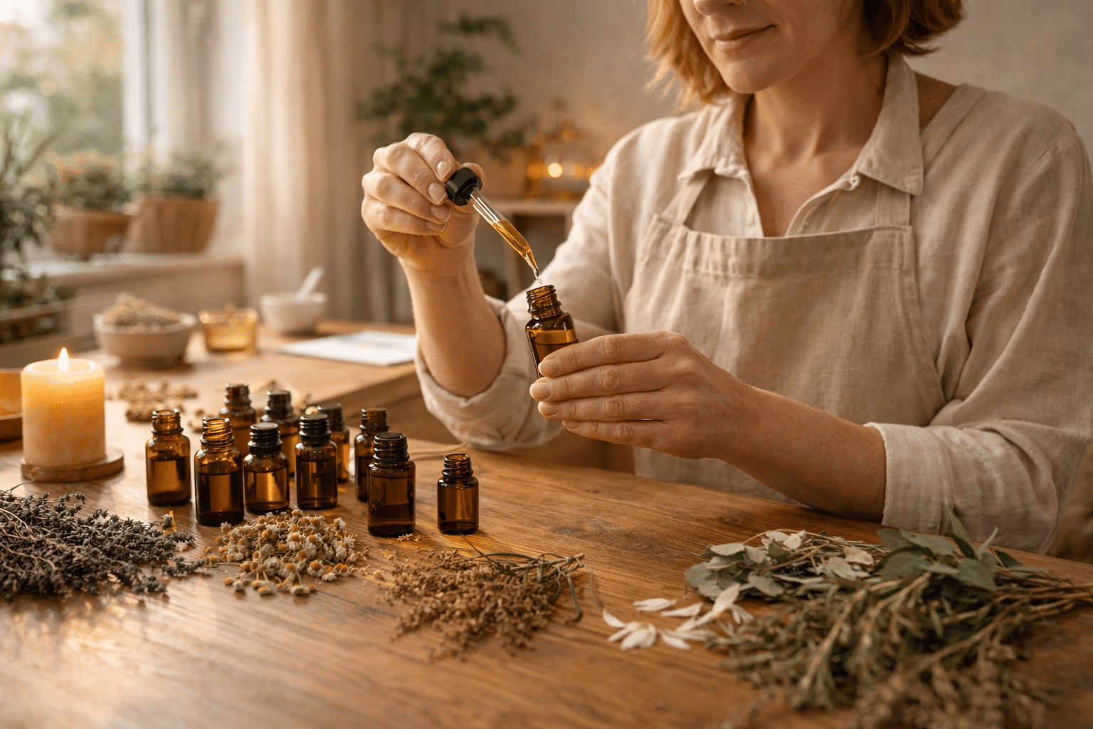 Aromatherapeut mengt essentiële oliën