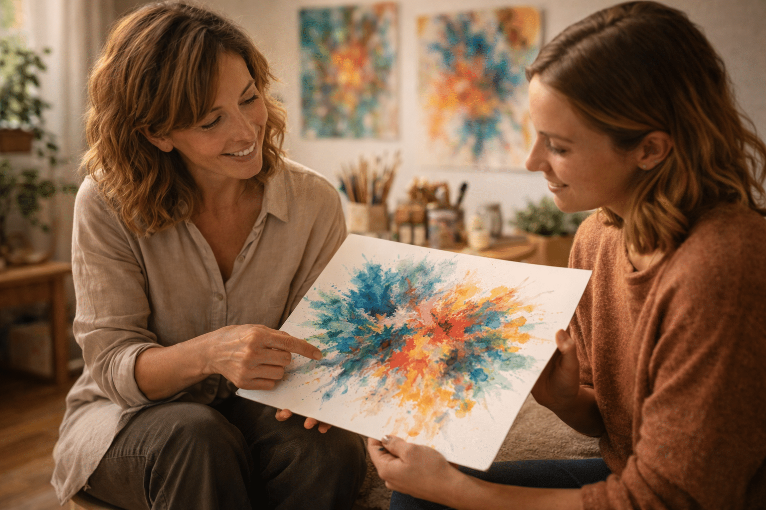 Bespreking van kunstwerk tijdens beeldende therapie sessie