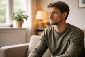 persoon kijkt geconcentreerd naar vast punt met rustige maar gefocuste houding tijdens innerlijke verwerking