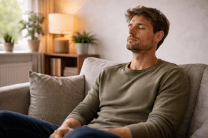 persoon zit ontspannen met gesloten ogen na therapie en ervaart rust en emotionele verwerking