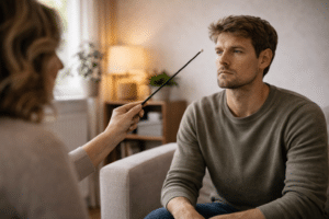 therapeut gebruikt een pointer om oogpositie te begeleiden tijdens brainspotting sessie terwijl cliënt gefocust kijkt