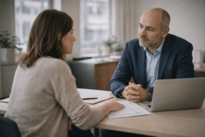 Werknemer in gesprek met werkgever over burn-out herstel en mogelijke vergoeding in een rustige kantooromgeving