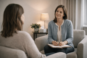 Coach en cliënt in een rustig gesprek tijdens een burn-out herstel sessie in een veilige en ontspannen omgeving