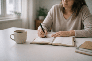 Persoon schrijft in een planner aan tafel om structuur aan te brengen tijdens burn-out herstel met een rustige en minimalistische werkomgeving