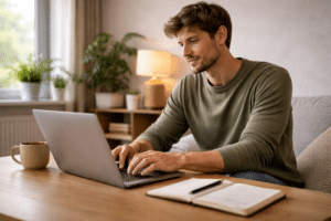 persoon werkt rustig op laptop thuis en bouwt energie op tijdens herstel van burn out