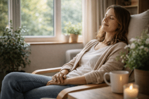 persoon zit ontspannen in een stoel met ogen gesloten en rustige ademhaling, beeld dat herstel, balans en ontspanning na burn-out uitstraalt