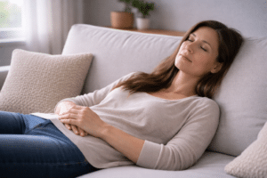 Persoon ligt ontspannen met gesloten ogen in een rustige omgeving, wat herstel, loslaten en het opbouwen van energie na een burn-out laat zien