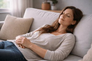 Persoon ligt ontspannen met gesloten ogen in een rustige omgeving, wat diepe vermoeidheid en herstel na stress of burn-out uitstraalt