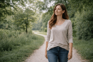 Persoon wandelt rustig in een groene natuurlijke omgeving met een ontspannen houding, wat herstel, balans en het terugkrijgen van energie na een burn-out uitstraalt