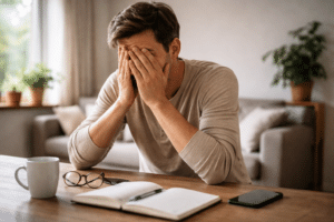 persoon zit thuis aan tafel met handen voor het gezicht en vermoeide houding, beeld dat mentale uitputting en burn-outklachten weergeeft