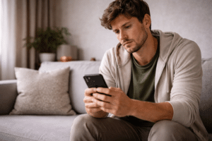 young professional kijkt op telefoon en ervaart onzekerheid door vergelijking op social media
