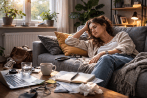 young professional ligt uitgeput op de bank na werk en ervaart burn out klachten
