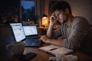 zzp er werkt s avonds laat door achter laptop en ervaart stress en mentale vermoeidheid