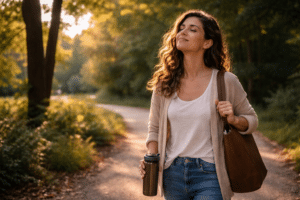zzp er maakt rustige wandeling in de natuur en herstelt van stress en werkdruk