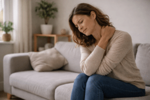 Persoon zit licht voorovergebogen en houdt de nek vast door chronische spanning en pijn in een rustige thuisomgeving