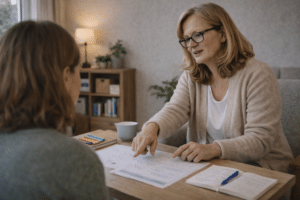 Therapeut en cliënt werken samen aan cognitieve gedragstherapie oefeningen met werkbladen en aantekeningen in een rustige therapieruimte