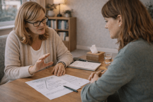 Therapeut en cliënt werken samen aan cognitieve gedragstherapie oefeningen tijdens een PTSS behandeling in een rustige therapieruimte