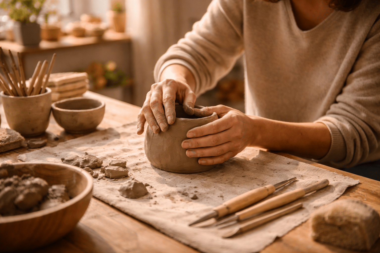 Creatief therapeut begeleidt sessie met klei en boetseren